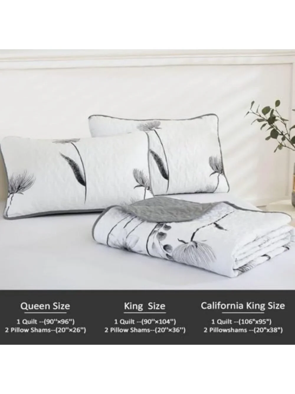 Boho King Quilt Set - 3 Piece Grey Bedspread with Fall Floral Design
